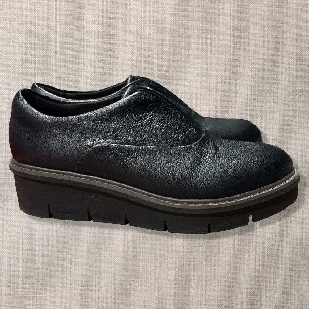 Clarks Collection Airabell Sky Black Leather Wedge Loafers Womens 7M Slip On